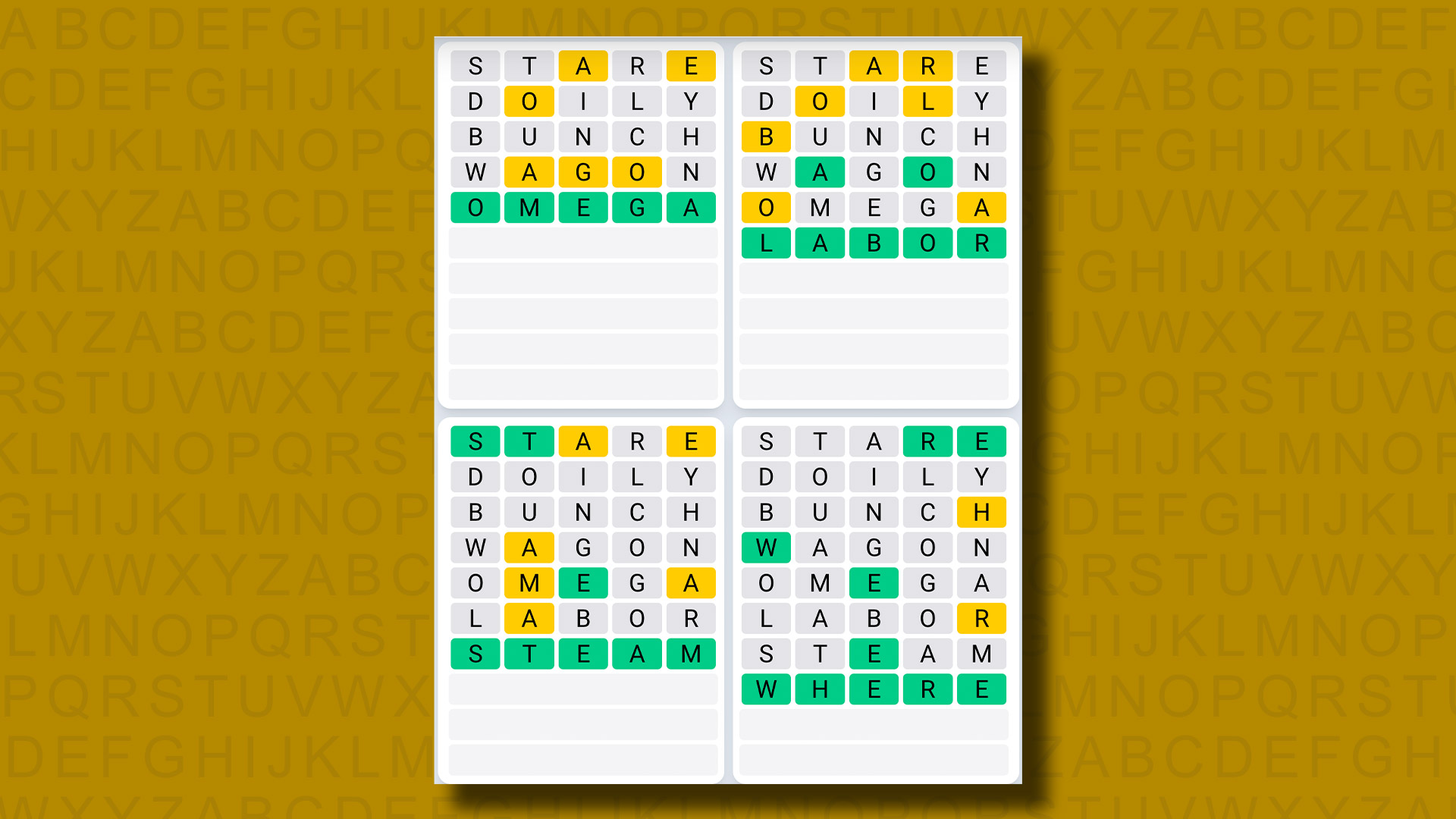 Quordle daily sequence answers for game 883 on a yellow background