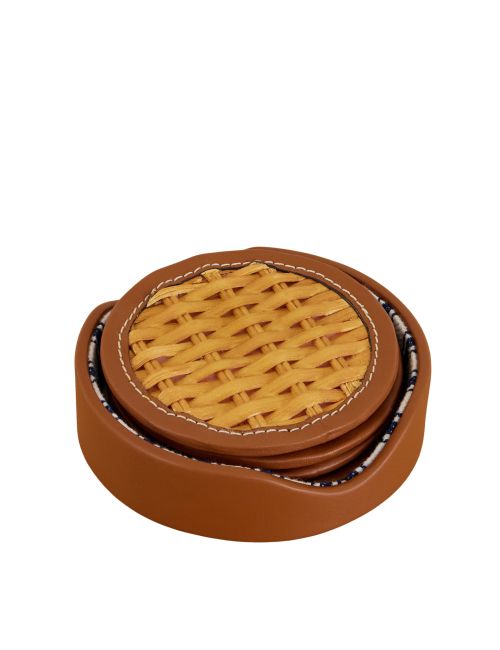 Bailey Leather-Trimmed Rattan Coasters