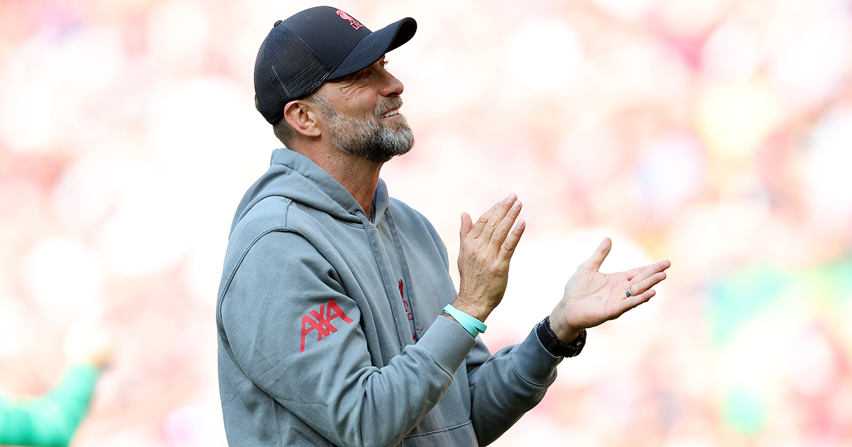Liverpool manager Jurgen Klopp applauds the fans following the Premier League match between Liverpool FC and Aston Villa at Anfield on May 20, 2023 in Liverpool, England.