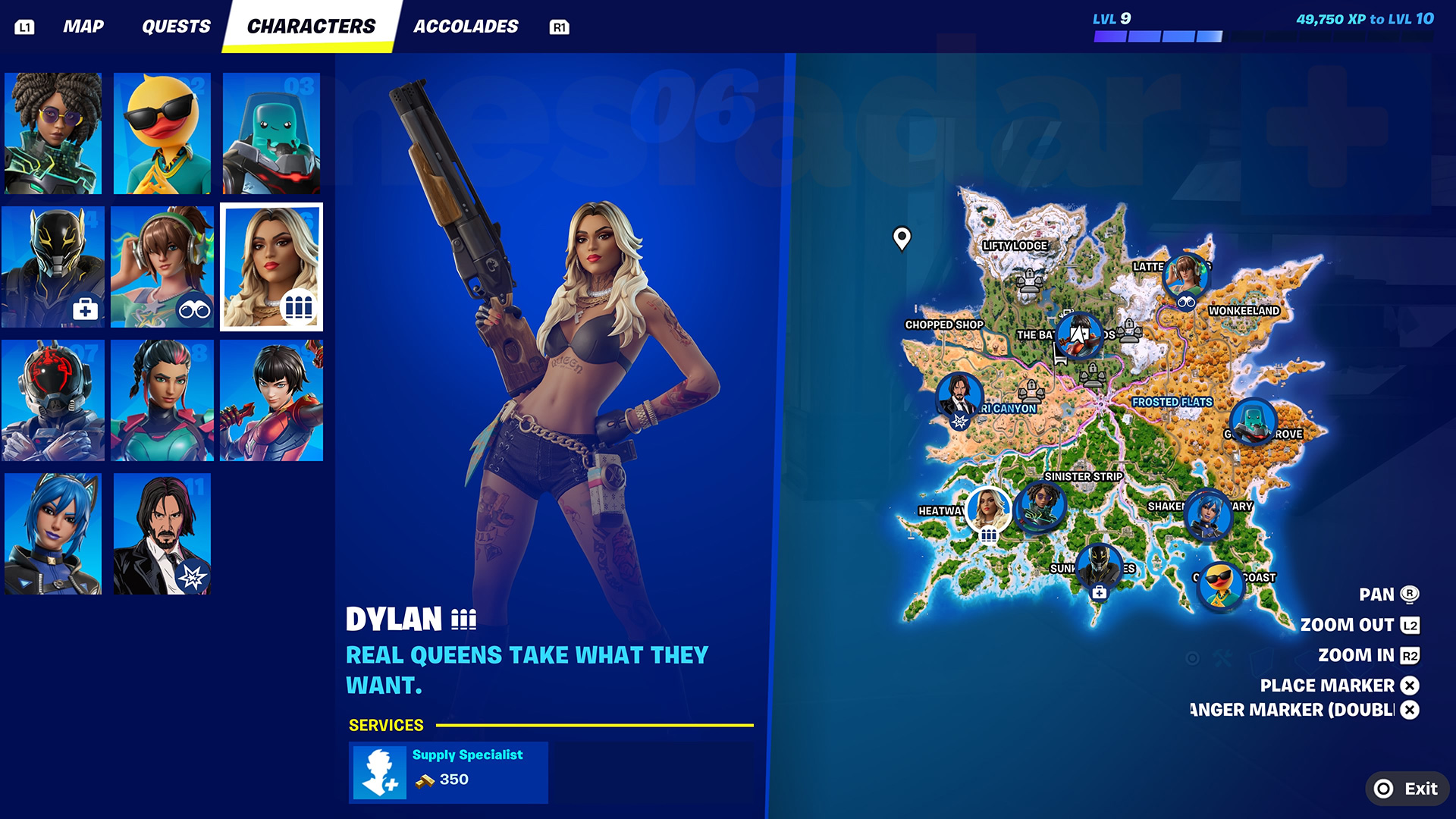 The in-game map showing which Fortnite Characters you've met so far and where the others are