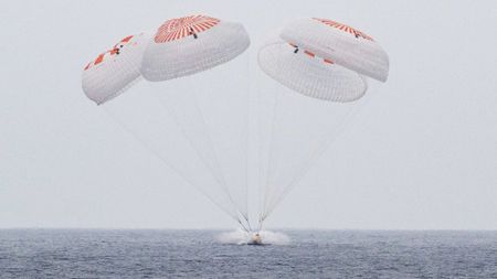 SpaceX's Crew Dragon capsule "Endurance" splashes down in the Pacific Ocean off the coast of San Diego on Aug. 9, 2025, to wrap up the Crew-10 astronaut mission.
