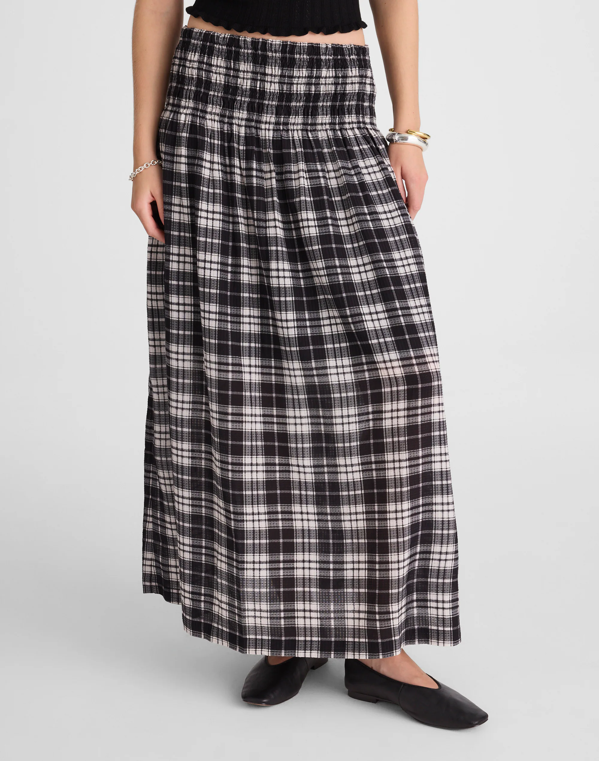 Smocked-Waist Maxi Skirt in Plaid