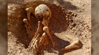 a seated human skeleton being excavated from an archaeological site
