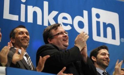 LinkedIn CEO Jeffrey Wiener at the NYSE opening bell Thursday as the professional social network site goes public boosting its market value to nearly $10 billion.