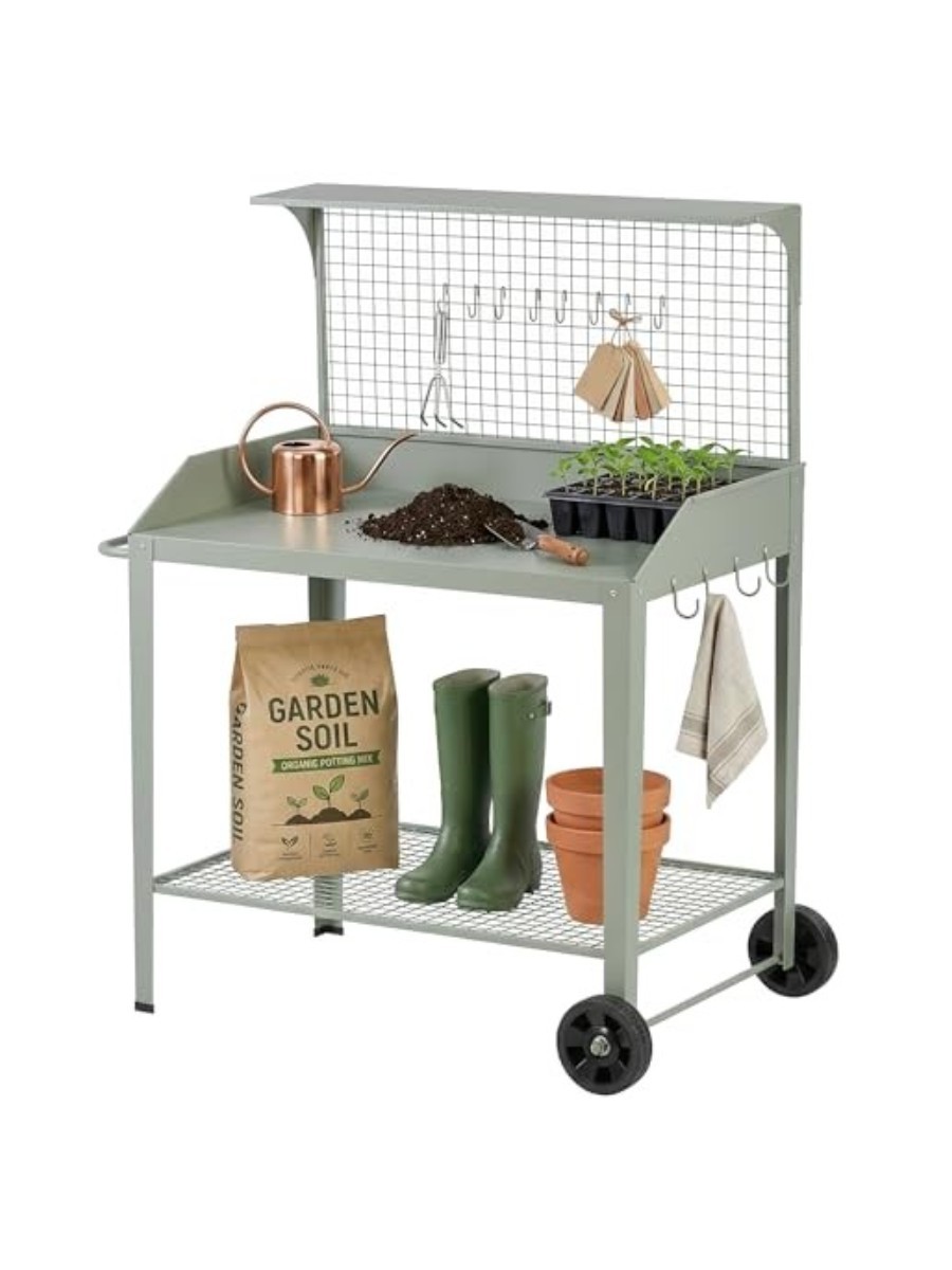 DDK, Outdoor Metal Potting Bench With Wheels