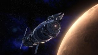 Still from animated movie Babylon 5: The Road Home. Here we see a cylindrical spaceship in the orbit of a brown planet against a black and blue starry galaxy.