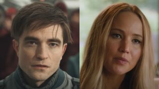 Robert Pattinson looking concerned but ready in Mickey 17 and Jennifer Lawrence as she appeared in No Hard Feelings.