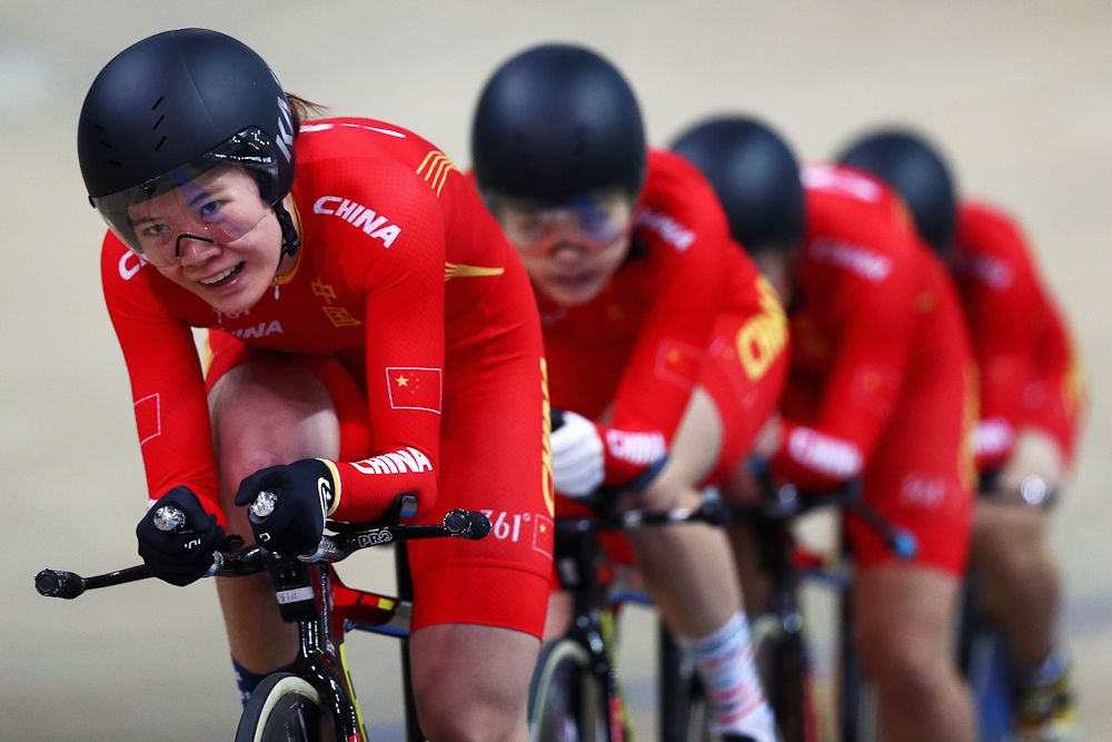 Wang Xiaofei, Huang Zhilin, Liu Jiali and Ma Menglu of China compete in the Women's Team Pursuit qualifying on day one of the UCI Track Cycling World Championships