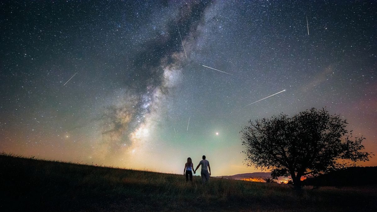 The silhouette of couple standing in a field near a tree, holding hands, gazing up the milky way and a vibrant starry night sky.