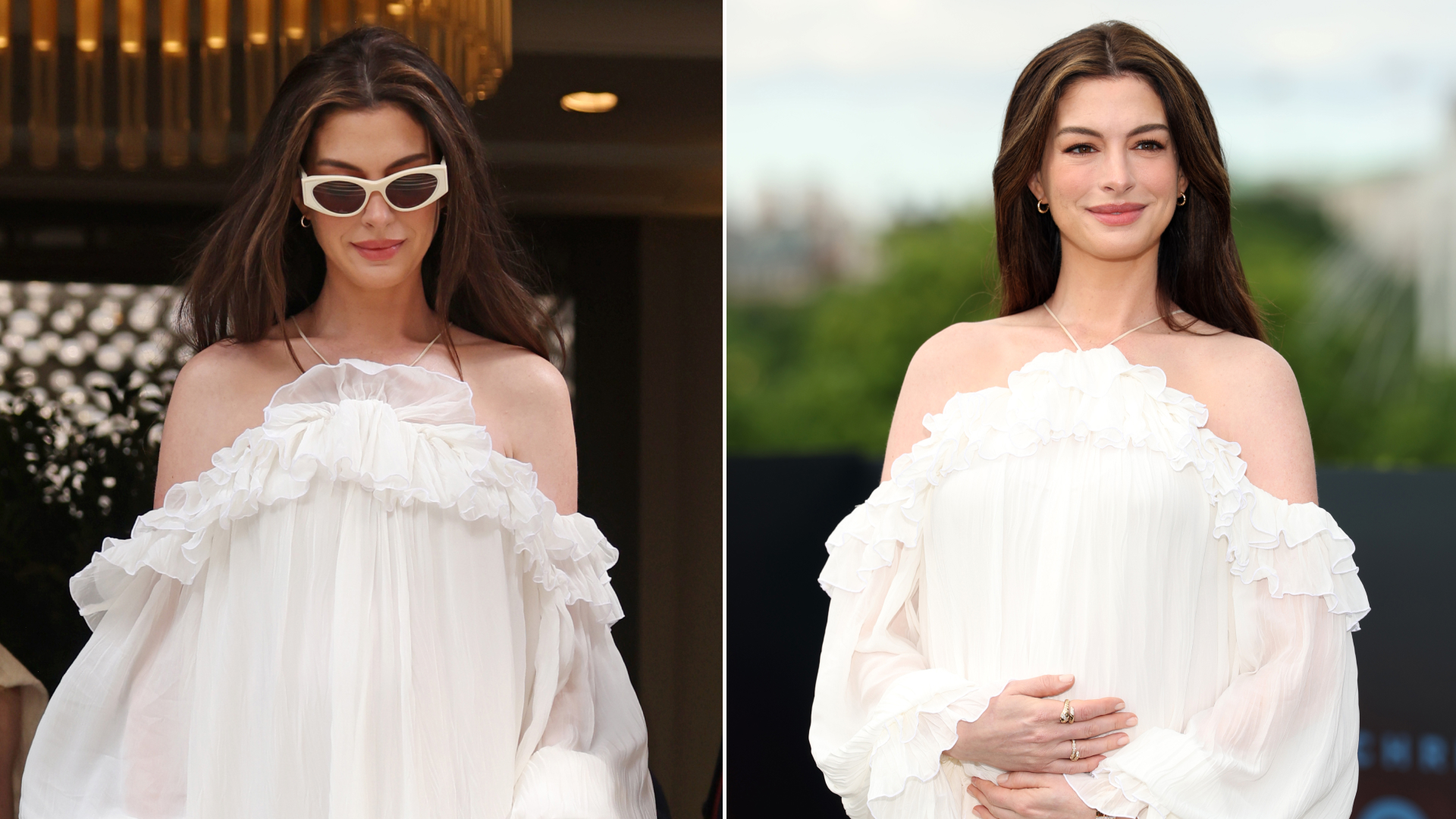 Anne Hathaway wearing a float white dress from Blumarine to promote The Odyssey in London