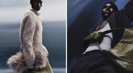 A/W 2024 fashion trends: model in furry outfit on left and model holding Gucci bag on right