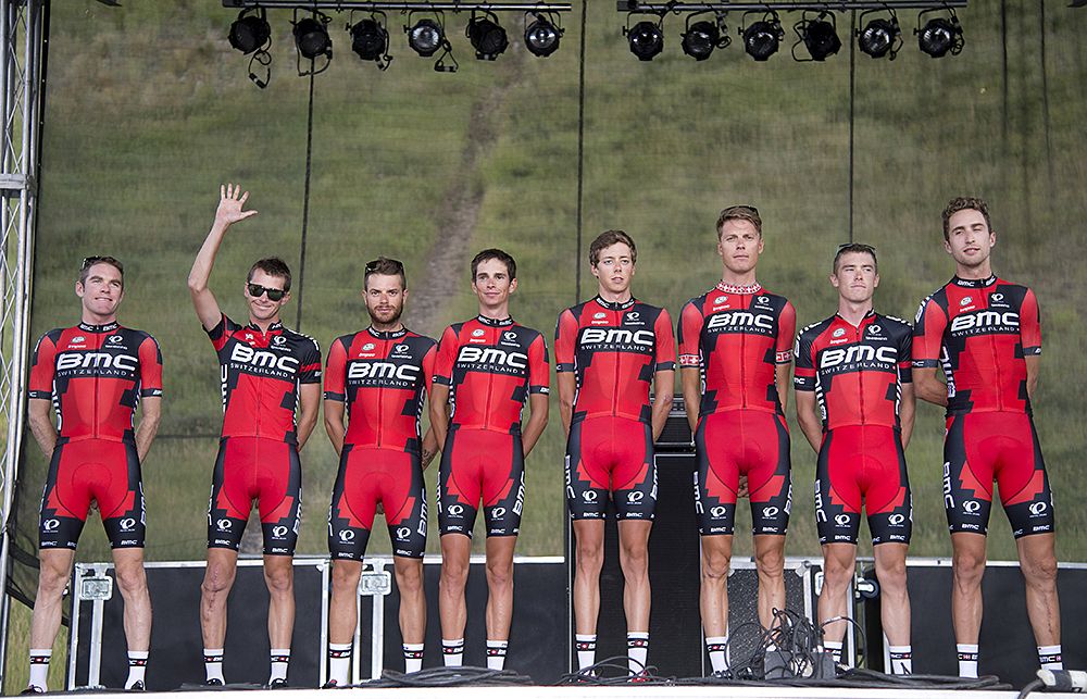Peter Stetina (BMC Racing) waves to the crowd at the USA Pro Challenge team presentation