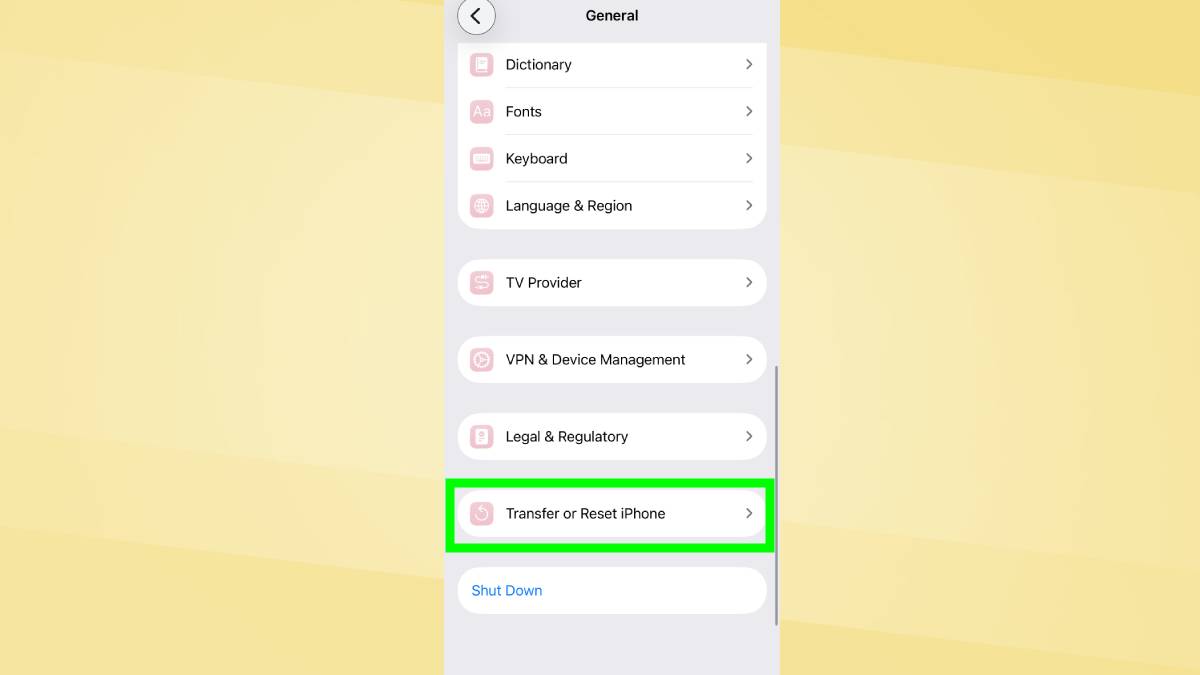 انتقال یا بازنشانی آیفون در آیفون هایلایت شده است