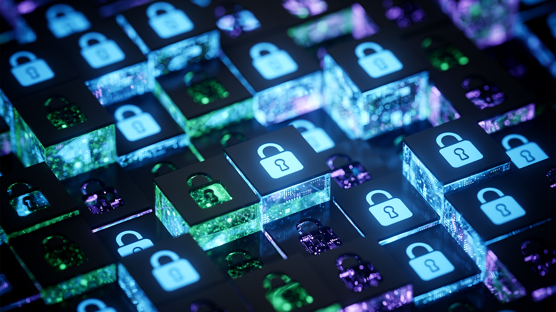 Cybersecurity concept image showing padlock symbols on data storage blocks in a larger data storage array.