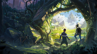 Artwork from new Blizzard Entertainment survival game featuring two characters looking out into a lush green open world.