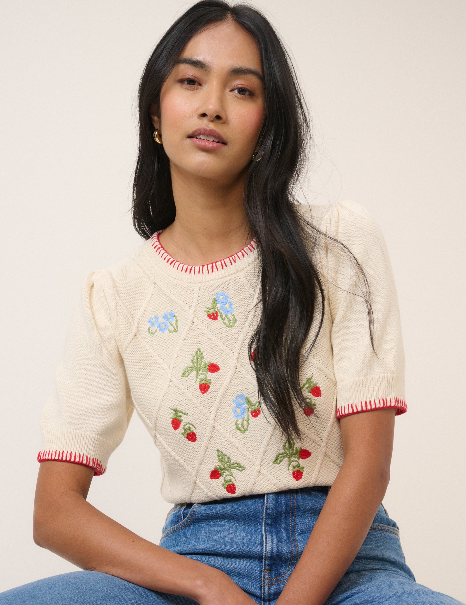 Cream Strawberry Embroidered Knitted T-Shirt