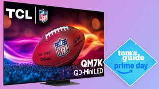The TCL QM7K displaying an NFL-branded football. Next to the TV is a diamond-shaped badge that reads: "tom's guide prime day"