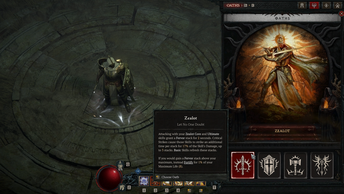 A promotional screenshot of the paladin class in Diablo 4: Lord of Hatred. A window with the paladin oath Zealot and its description.