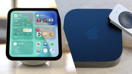 A split lead image showing an Apple HomeView render and a picture of the Apple TV 4K