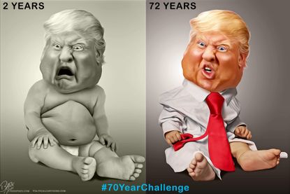 Political cartoon U.S. Trump baby 10 year challenge