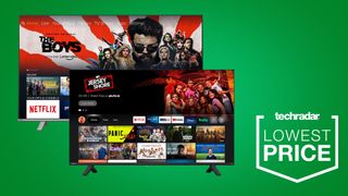 Two Toshiba Fire TVs on a green background next to TechRadar deals lowest price badge