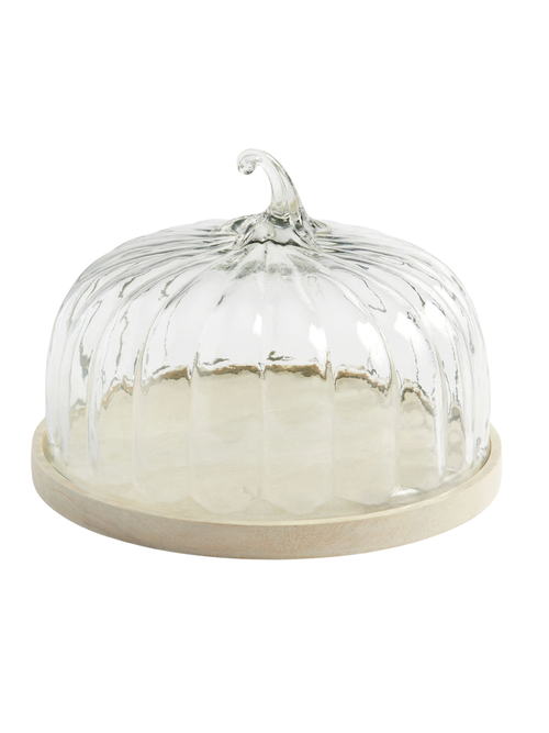 Glass Pumpkin Cloche With Wood Pedestal