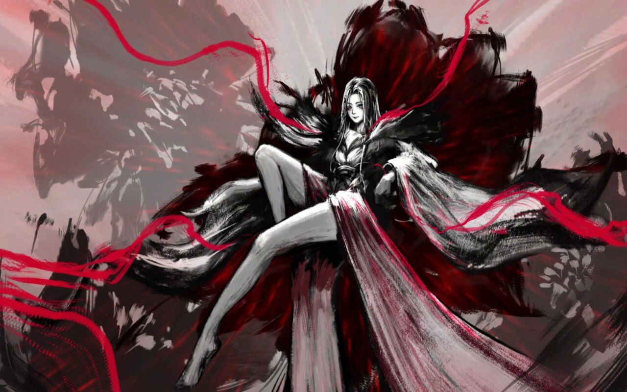 Character art from Realm of Ink showing a woman in an abstract throne