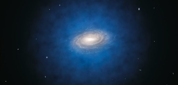 An illustration shows a galaxy surrounded by a blue cloud that represents a dark matter halo.