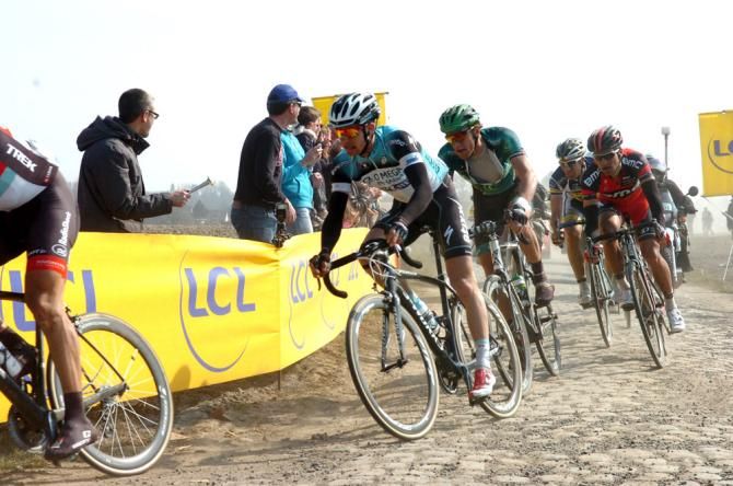 Zdenek Stybar (Omega Pharma-QuickStep) in the lead group at Paris-Roubaix.