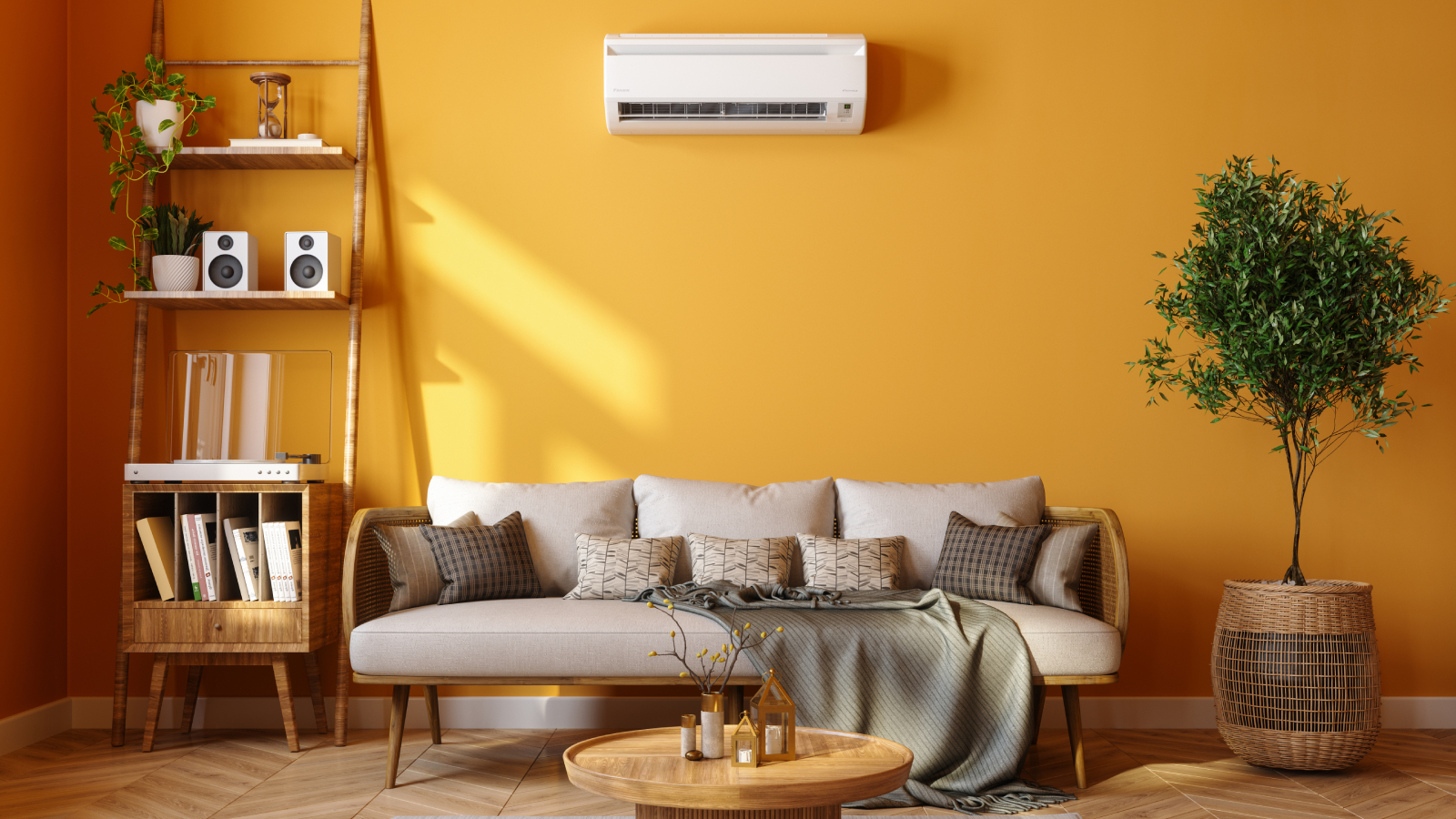 living room with yellow walls, wooden bookshelf, wood and beige upholstered sofa, wooden coffee table, olive tree in wicker pot and white air con unit on wall