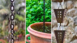 three images of different rain chains in gardens