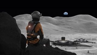 An astronaut sits alone on a moon rock, looking out into space where the Earth is a small object just over the horizon.