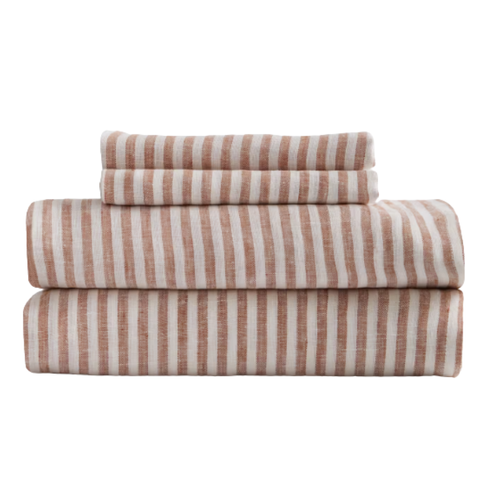 European Linen Stripe Sheet Set in Terracotta & White Stripe