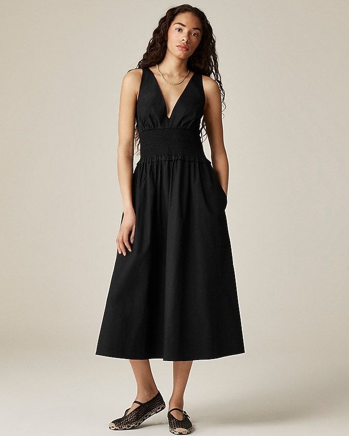 Plunge Smocked-Waist Dress in Cotton Poplin