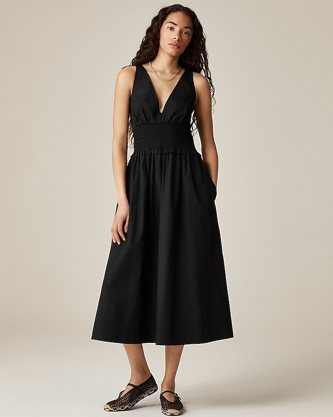 Plunge Smocked-Waist Dress in Cotton Poplin