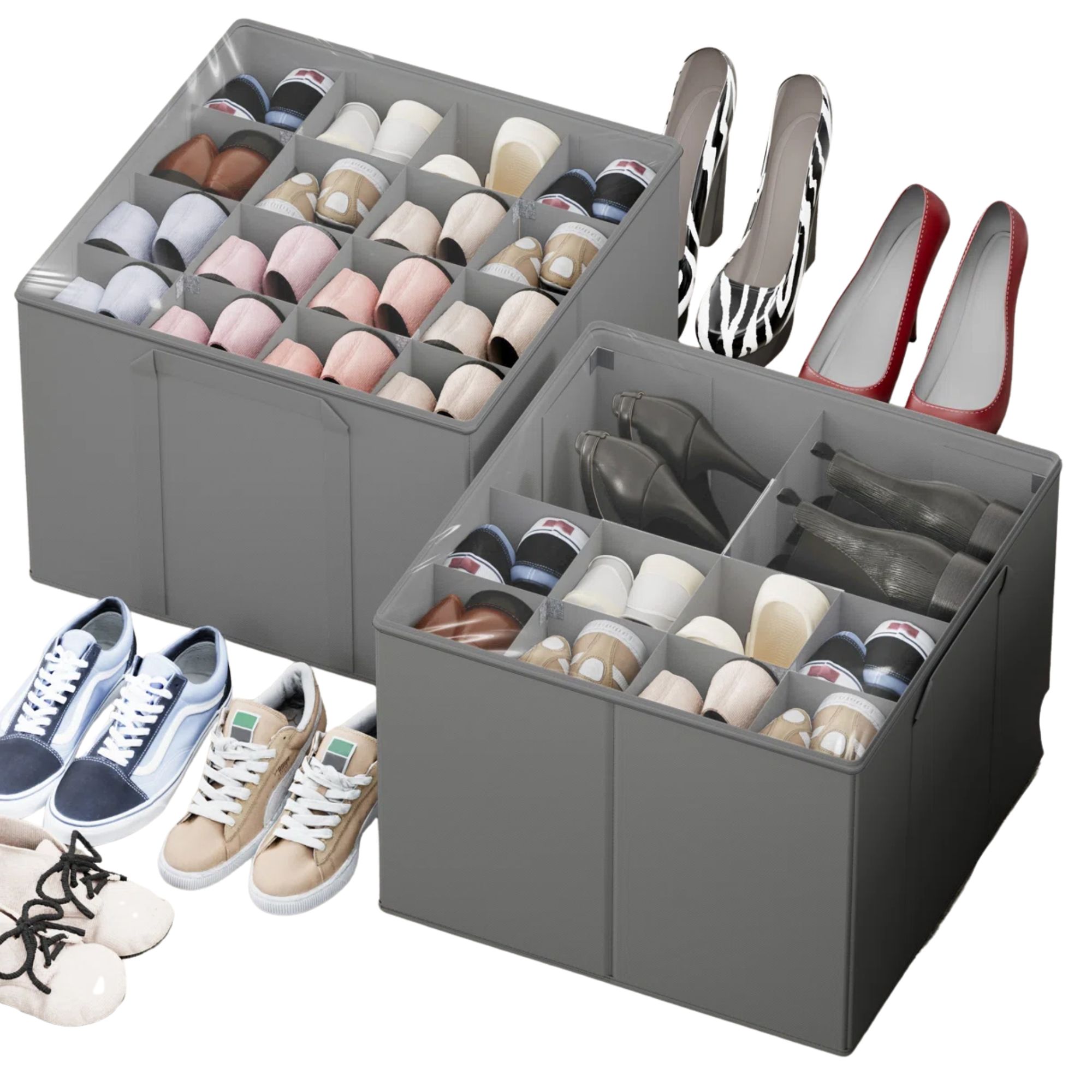 Two grey shoe storage boxes