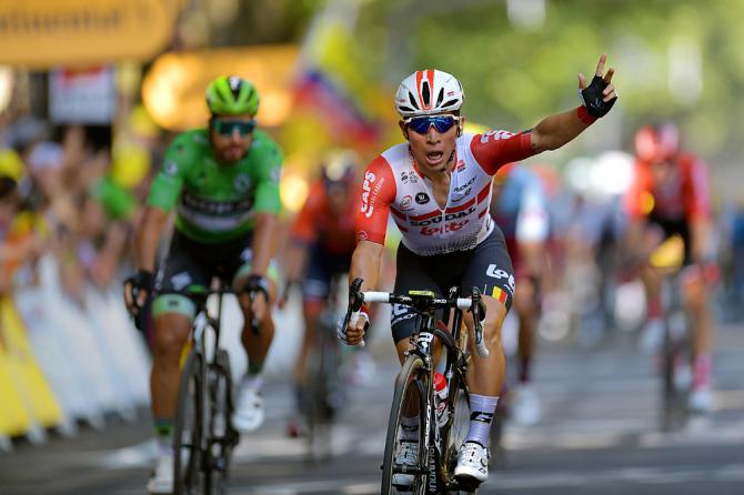Caleb Ewan (Lotto Soudal) celebrates stage 11 victory at the Tour de France