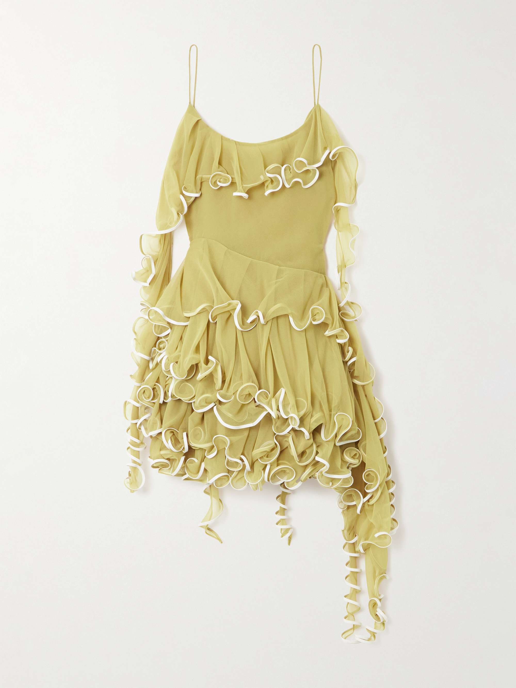 Jellyfish Ruffled Leather-Trimmed Chiffon Mini Dress