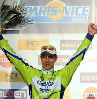 Peter Sagan (Liquigas-Doimo) on the podium after collecting a Paris-Nice stage win