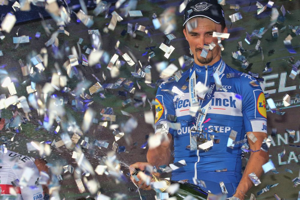 Julian Alaphilippe (Deceuninck-QuickStep) celebrates on the podium