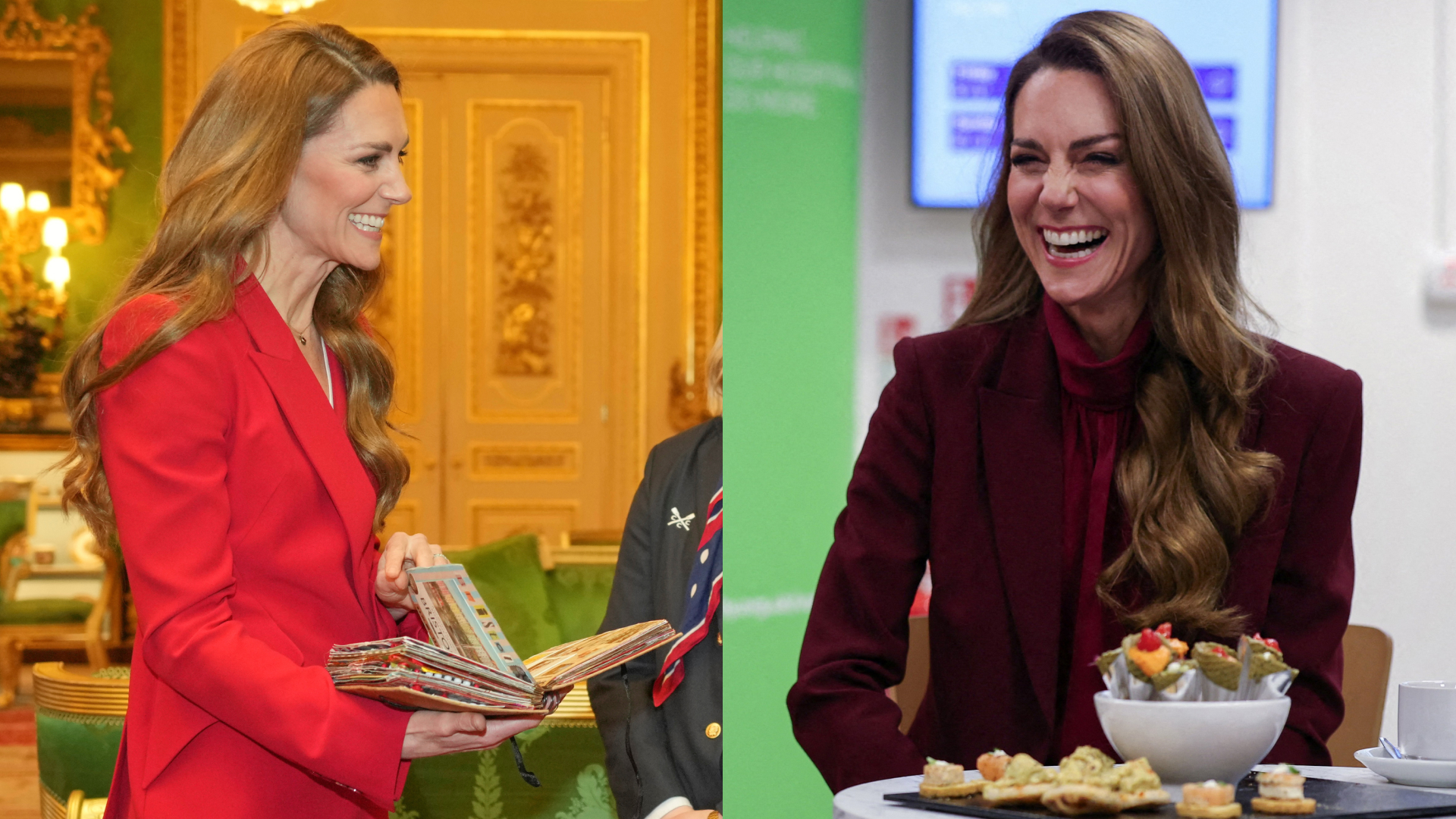 Princess Kate wearing a red suit and laughing holding a book; Princess Kate wearing a maroon suit sitting at a table and laughing
