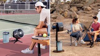 Man using FlexBreeze Pro Mist fan on a tennis court (left) and a couple using the fan on a camping trip