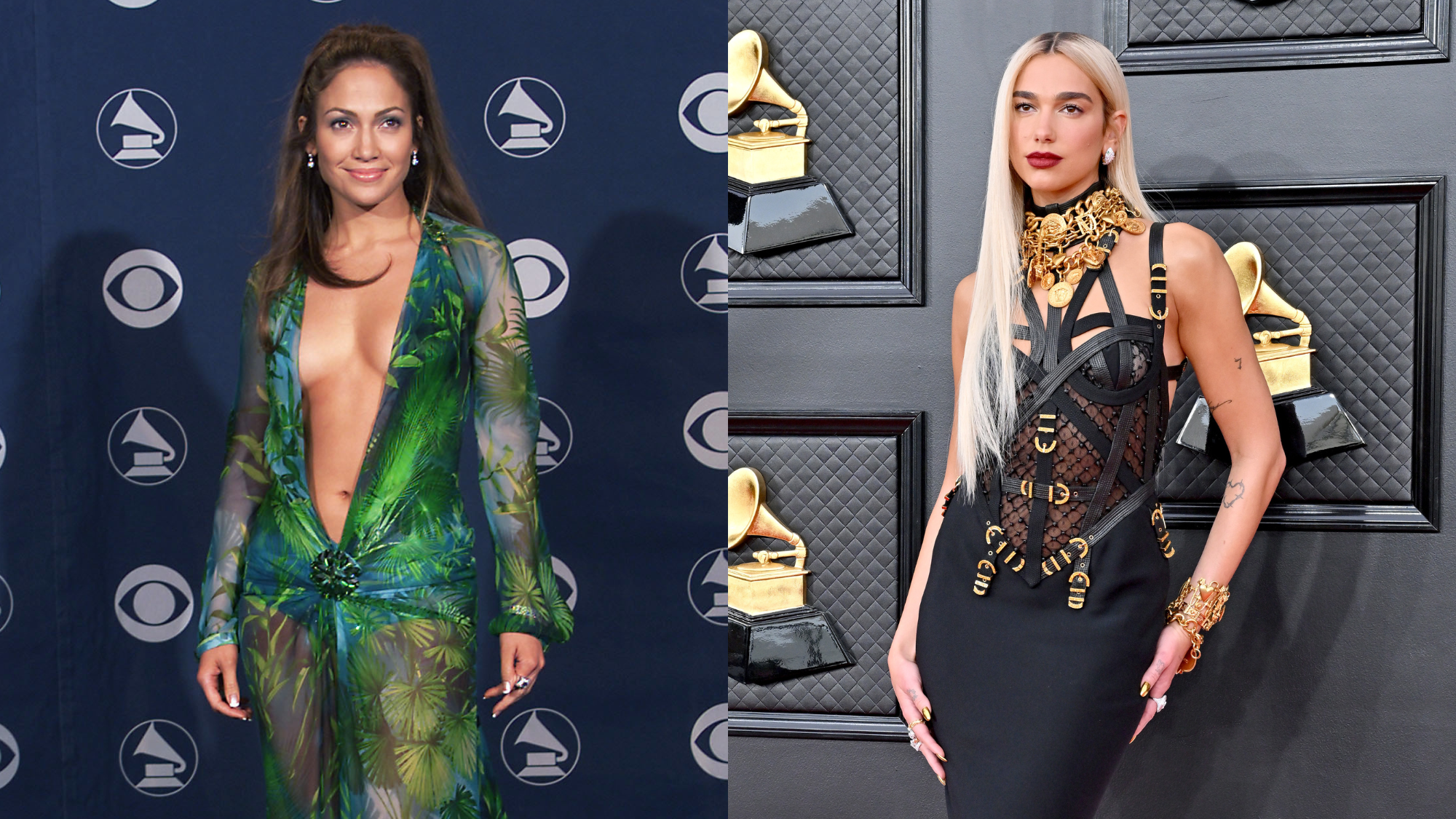 Jennifer Lopez and Dua Lipa wearing Versace at the Grammys