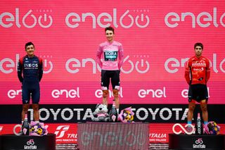 Jai Hindley, Richard Carapaz, and Mikel Landa on the podium of the Giro d'Italia
