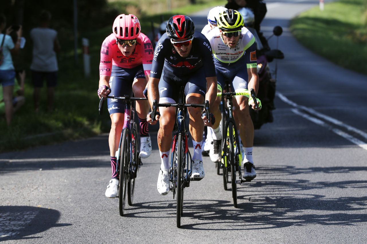 KRAKOW POLAND AUGUST 15 LR Julius Van Den Berg of The Netherlands and Team EF Education Nippo Gianni Moscon of Italy and Team INEOS Grenadiers and Pieter Vanspeybrouck of Belgium and Team Intermarch Wanty Gobert Matriaux in the Breakaway during the 78th Tour de Pologne 2021 Stage 7 a 145km stage from Zabrze to Krakw TourdePologne TDP2021 UCIWT on August 15 2021 in Krakow Poland Photo by Bas CzerwinskiGetty Images