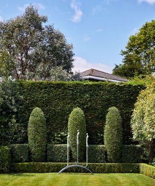 A garden with topiary and statue with a freshly mown lawn and blue skies above