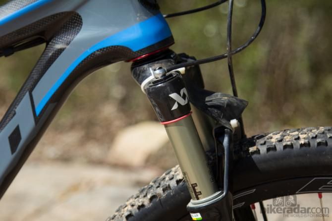 The RockShox SID XX World Cup fork features a remote hydraulic lockout that sits near his left-hand
