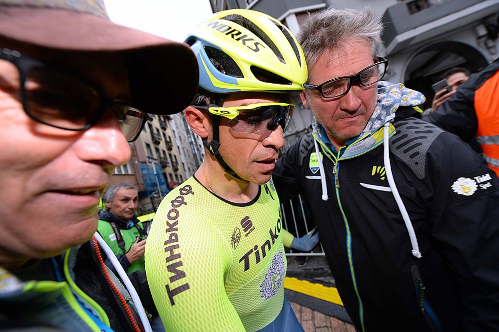 Alberto Contador (Tinkoff) on his way to the podium after winning the time trial and overall title at Pais Vasco
