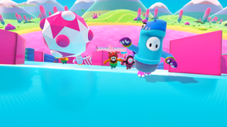 Fall Guys screenshot showing a player dressed in a blue dinosaur outfit, running from a giant white and pink ball