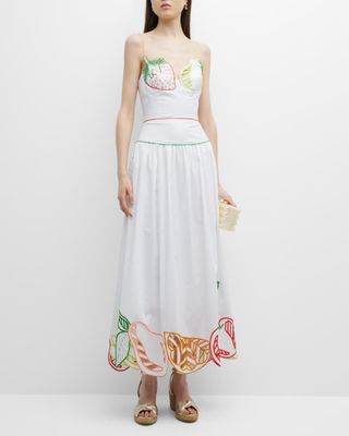 Drop Waist Midi Dress With Fruit Embroidery